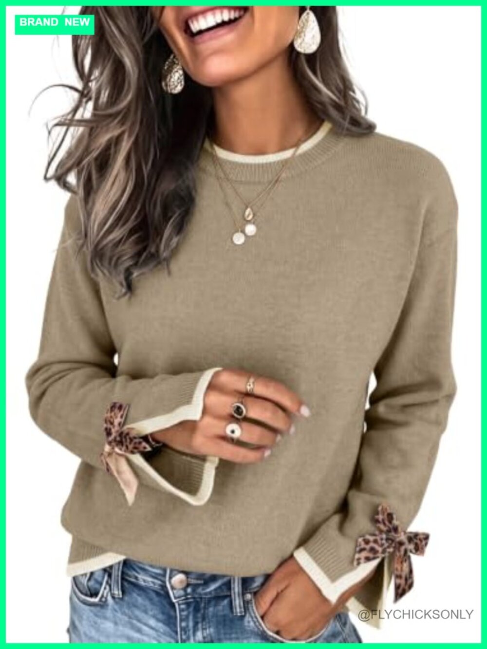 Leopard Print Bow Long Sleeve Knit Sweater Pullover